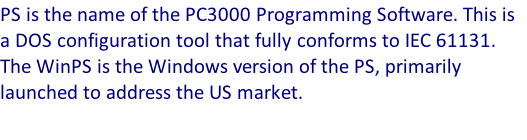 PS is the name of the PC3000 Programming Software. This is a DOS configuration tool that fully conforms to IEC 61131. The WinPS is the Windows version of the PS, primarily launched to address the US market.